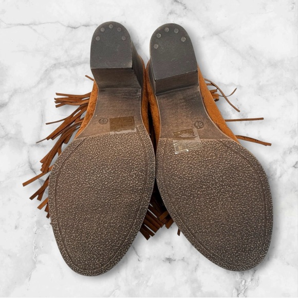 Mata Fringe Ankle Booties Sz 8.5M | Western Boho Suede Heel Boot | Brown - Picture 9 of 16